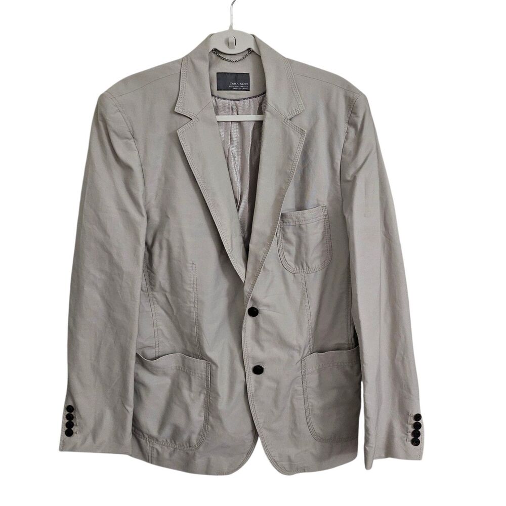 ZARA MAN Blazer 42 Light Khaki Jacket Button Front Casual Pockets Longsleeve